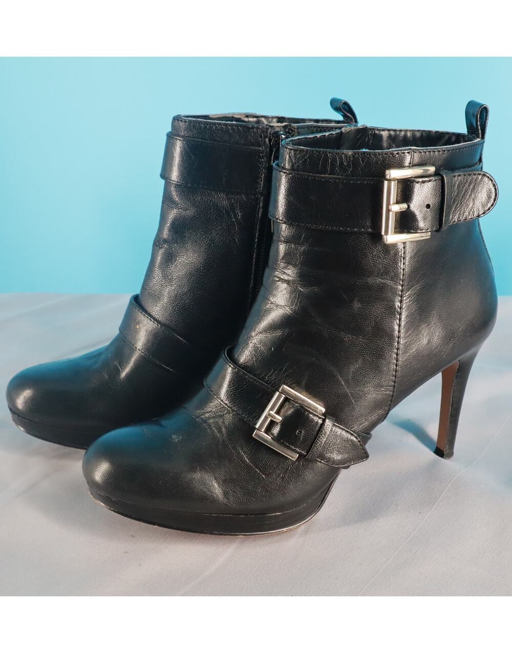 Nine West Black Leather Ankle Booties Buckle Stiletto Heel Women's 7